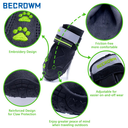 BECROWM Waterproof Dog Boots-Anti-Slip Dog Shoes with Paw Embroidery,Reflective Straps,For Rainy/Snowy/Muddy Days,Outdoor Walking