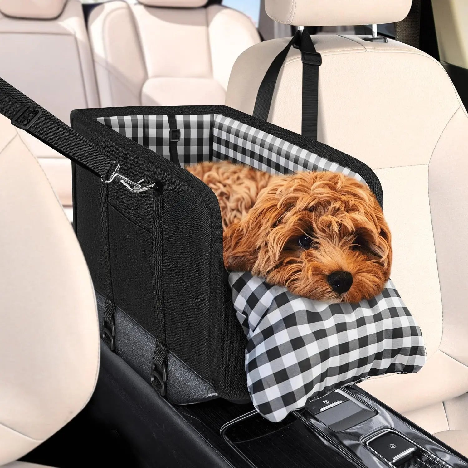 Small Dog Car Seat Center Console Booster Seat for Small Dogs & Cats, Safe Travel Pet Carrier with Safety Leash, Portable Armrest Pet Bed for Car, Non-Slip Pet Travel Carrier for Small Breeds