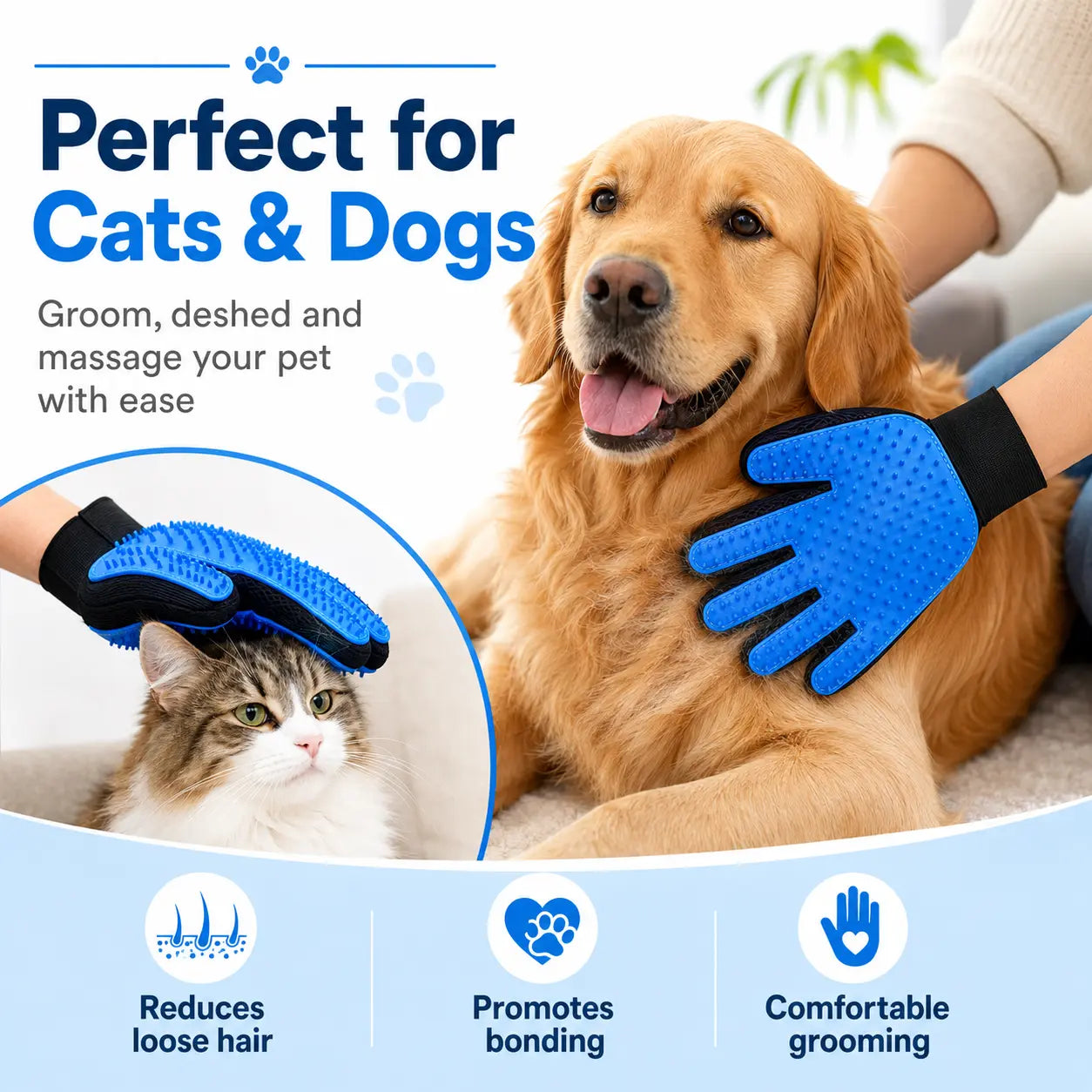 Pet Hair Removal Gloves for Dogs & Cats, 2-Pack (Left & Right Hand) 2-In-1 Deshedding Brush & Massage Mitt - Deshedding Tools, Fur Removal Tool for Grooming, Bathing, Safe for Short/Long Hair Pets (Blue)Midyearsale
