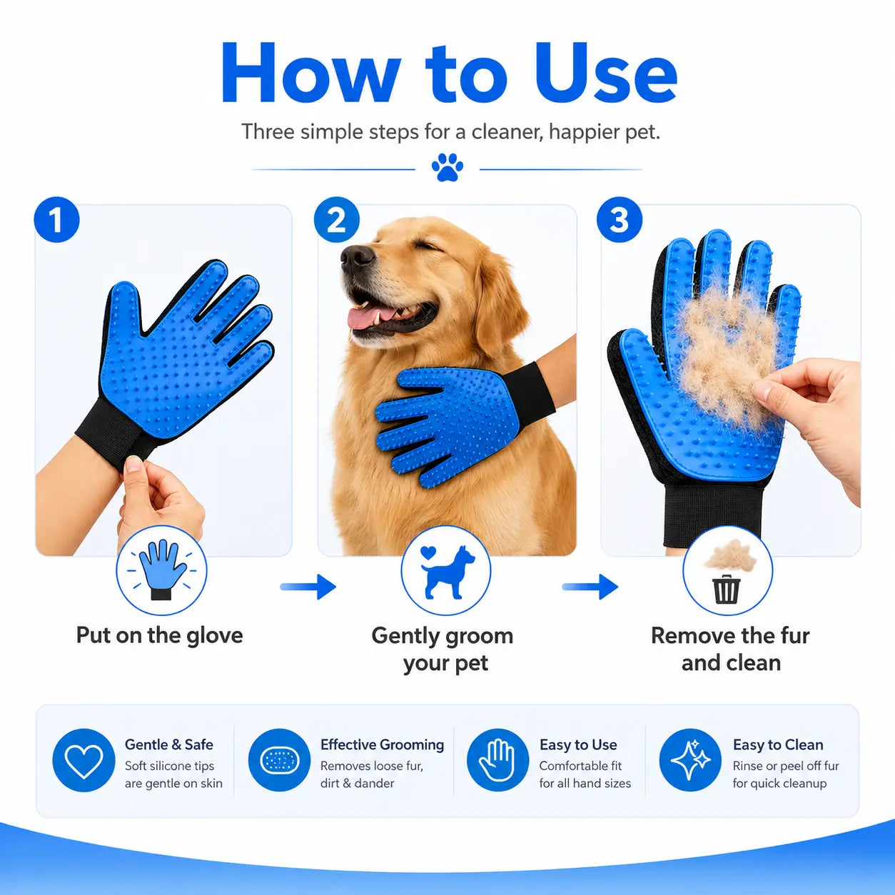 Pet Hair Removal Gloves for Dogs & Cats, 2-Pack (Left & Right Hand) 2-In-1 Deshedding Brush & Massage Mitt - Deshedding Tools, Fur Removal Tool for Grooming, Bathing, Safe for Short/Long Hair Pets (Blue)Midyearsale