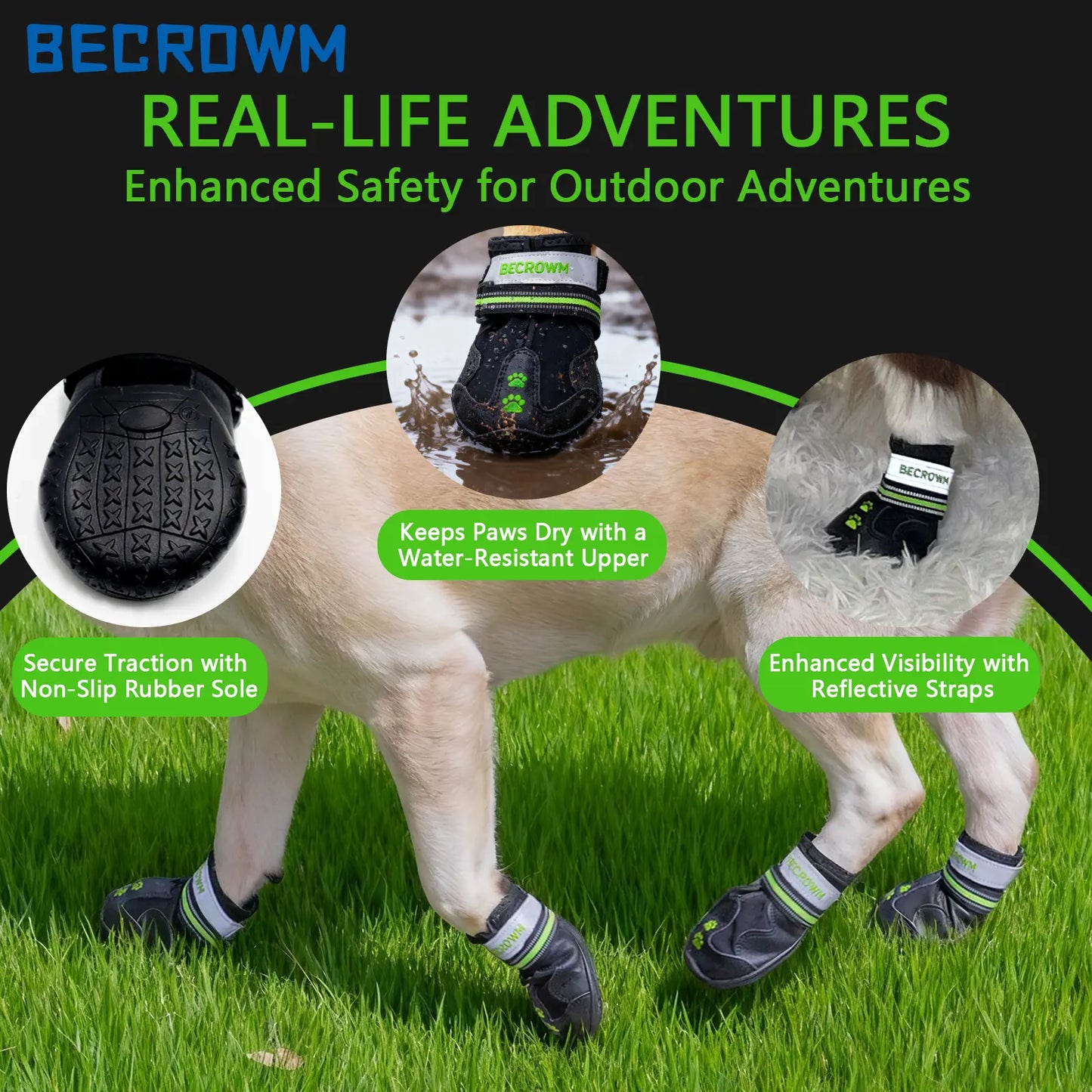 BECROWM Waterproof Dog Boots-Anti-Slip Dog Shoes with Paw Embroidery,Reflective Straps,For Rainy/Snowy/Muddy Days,Outdoor Walking